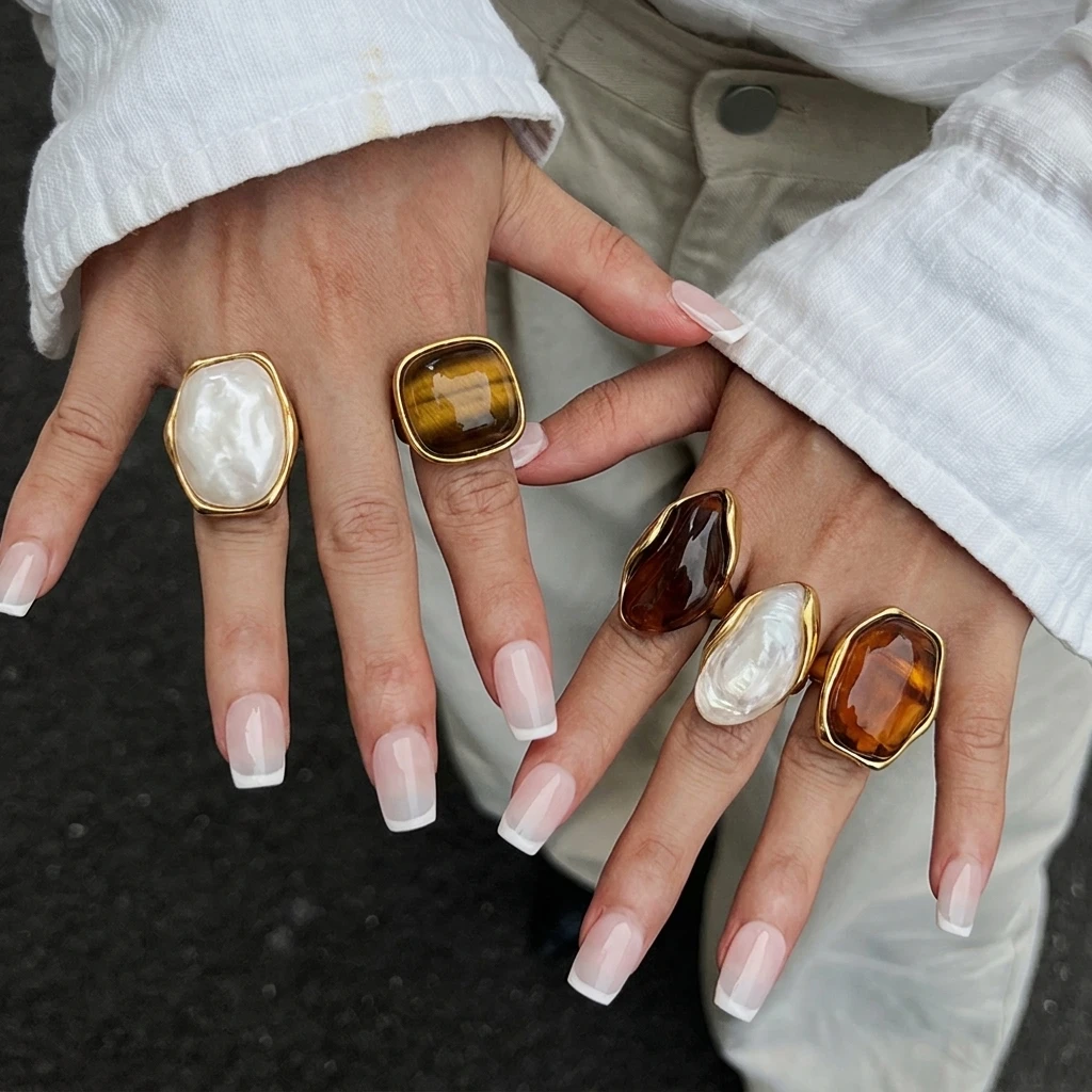 French Vintage Stainless Steel Tiger Eye Stone Ring for Women Exaggerated Resin Gem Open Stackable Party Jewelry Gift
