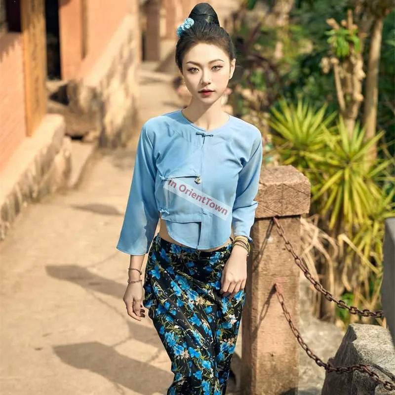 Ethnic Blouse Tops + Skirt Thai Dress Dai Restaurant Hotel Daily Welcome Work Uniform Thailand Traditional Clothing for Women