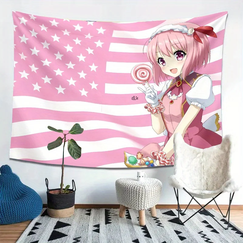 Cute Anime Magical Girl Tapestry Pink Stars Stripes Flag Wall Hanging Kawaii Manga Fabric Backdrop Art Cloth Blanket for Girl
