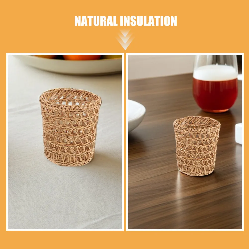 6Pcs Woven Drink Sleeves Handmade Rattan Straw Cup Protectors Insulated Tumbler Sleeves Secure Fit Reusable Glass Drink Sleeve