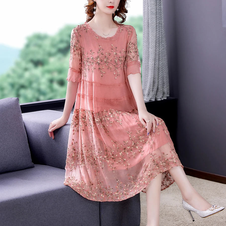 Mesh Embroidered Silk Pink Floral Dress Women 2022 Summer New Loose Large Size 5XL Over Knee Dress Casual Party Women