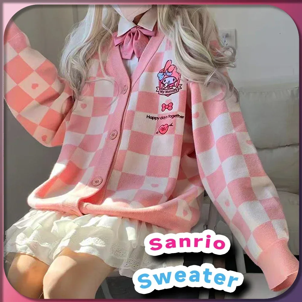 Kawaii Kuromi Plaid JK Sweater Sanrio My Melody Cinnamoroll Fashion Cardigan Pompompurin Anime Japanese Long Sleeve Top