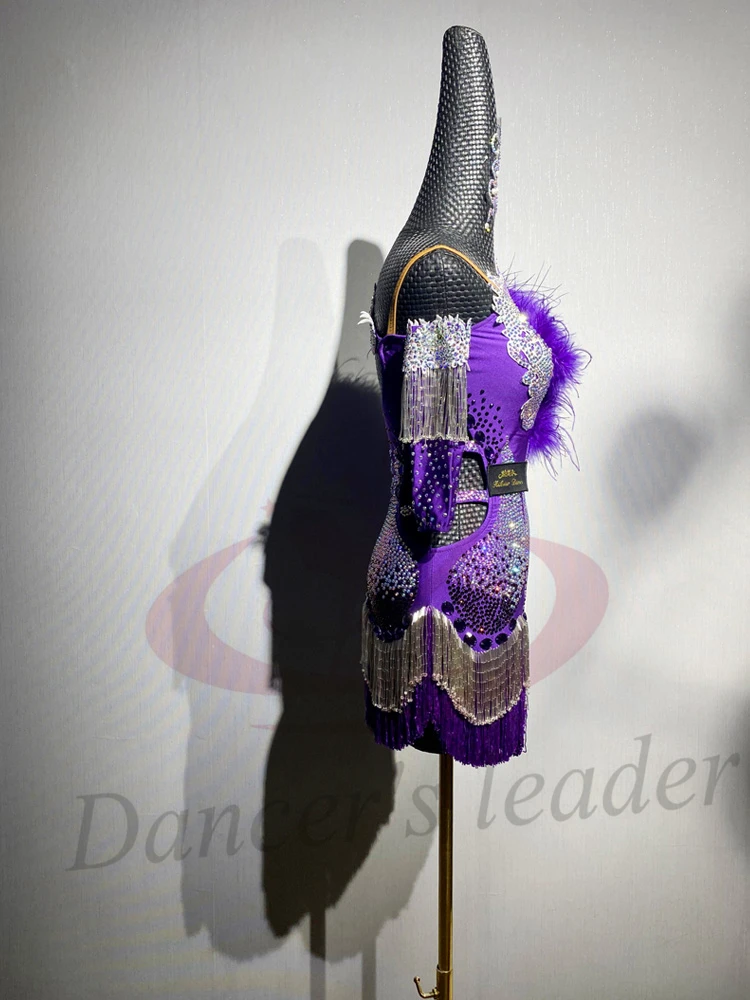 الراقصات اللاتينية، البالغين، الأطفال، فستان زهرة قطيفة أرجواني مخصص عالي الجودة، فستان أداء تانجو سامبا AB Stone #3