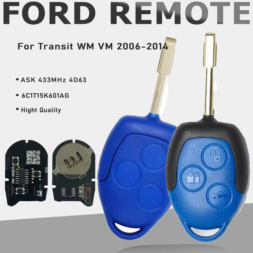 

KEYECU 6C1T15K601AG FSK 433 МГц 4D63 Дистанционный брелок с 3 кнопками для Ford Transit WM VM 2006 2007 2008 2009 2010 2011 2012-2014