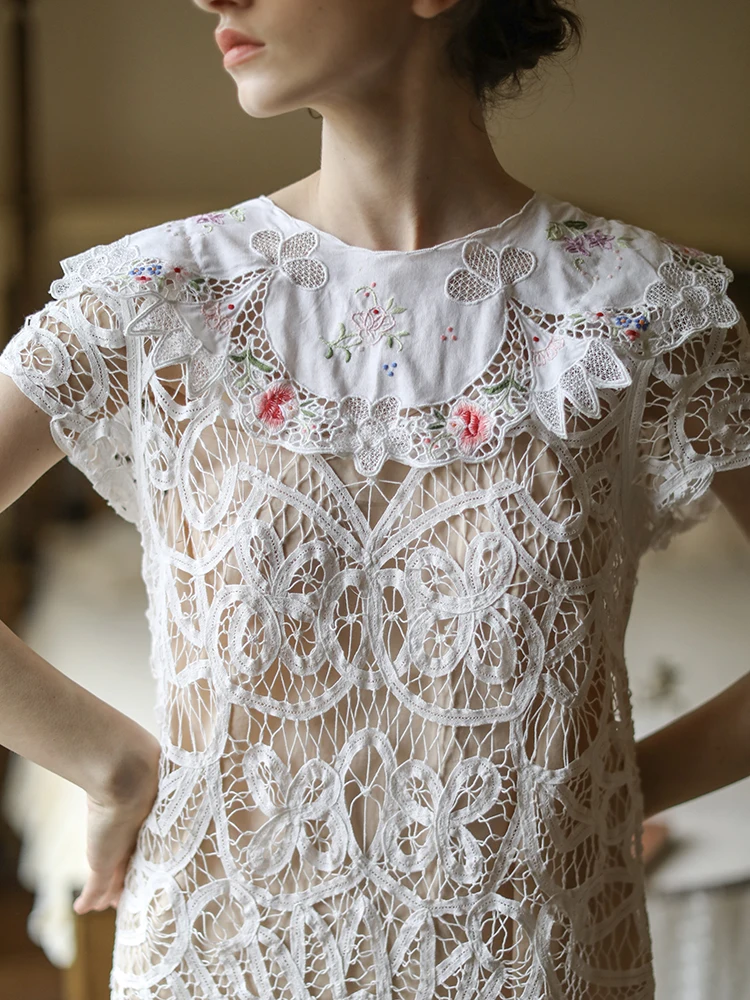 Summer Original Design Women Mori Kei Sweet Vintage Handmade Embroidery Holow Out Lace Slim Twinset Short White Dresses