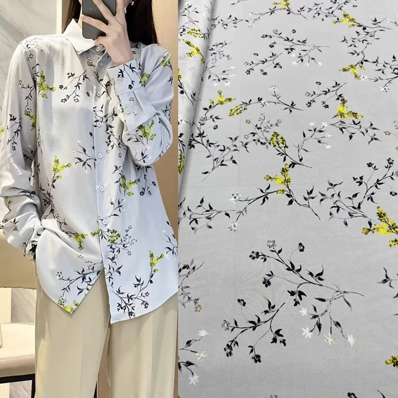 Fashion New Gray Bottom Refreshing Print Silk Stretch Crepe De Chine Fabric High-quality Dress Shirt Free Cutting Design Fabric