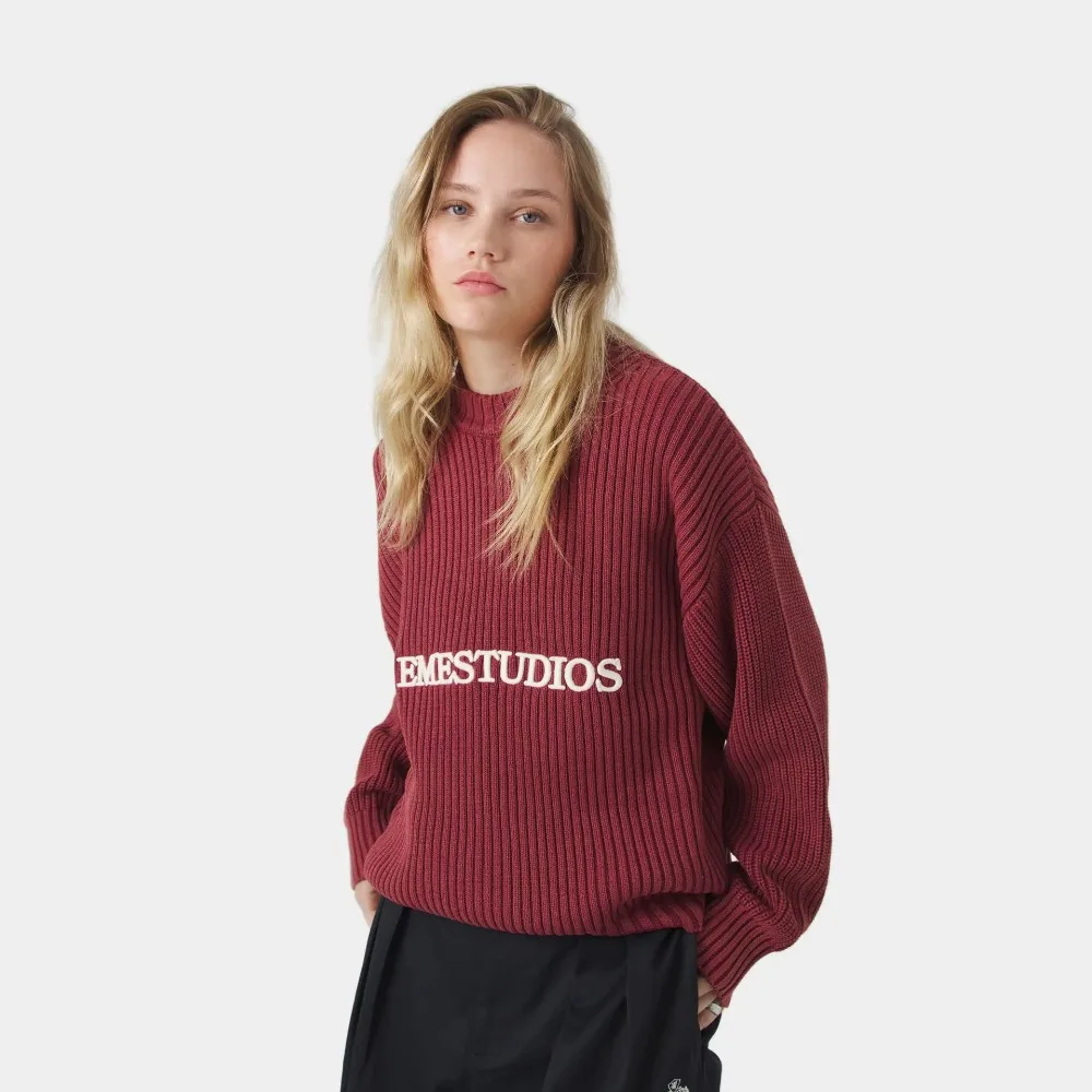 Lazy Style Sticky O-neck Knitted Sweater Autumn and Winter Women's Simple Letter Embroidery Loose Daily Campus Couple Sweater