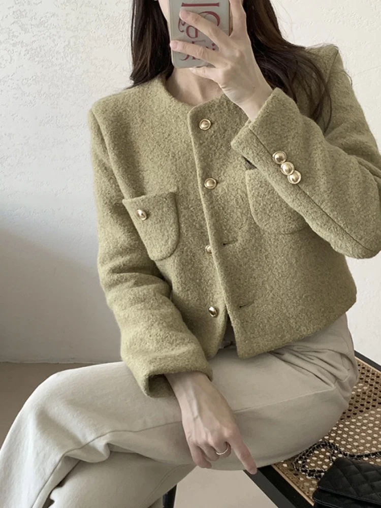 

ort Woolen Jaet Women's Autumn Winter Loose Fit Slimming Tweed Top Commute Sle round Ne Button Closure Long Sve