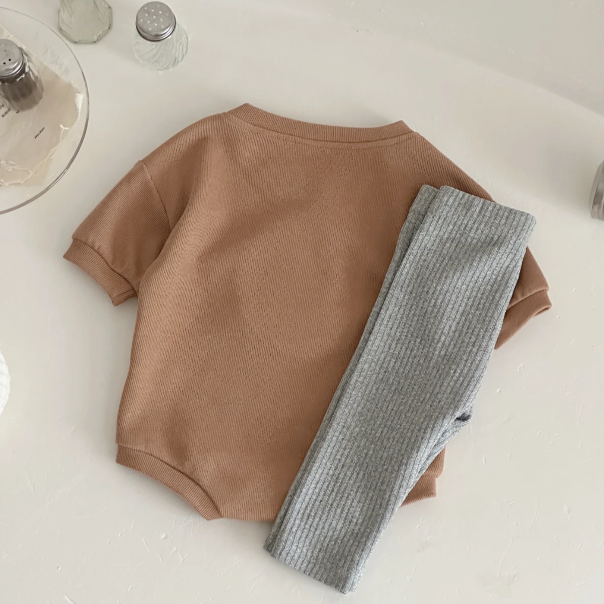 Toddler Baby Moon Applique Romper Set Ribbed Knit Long Sleeve Bodysuit + Rib Leggings Soft Cotton Infant Daily Outfit