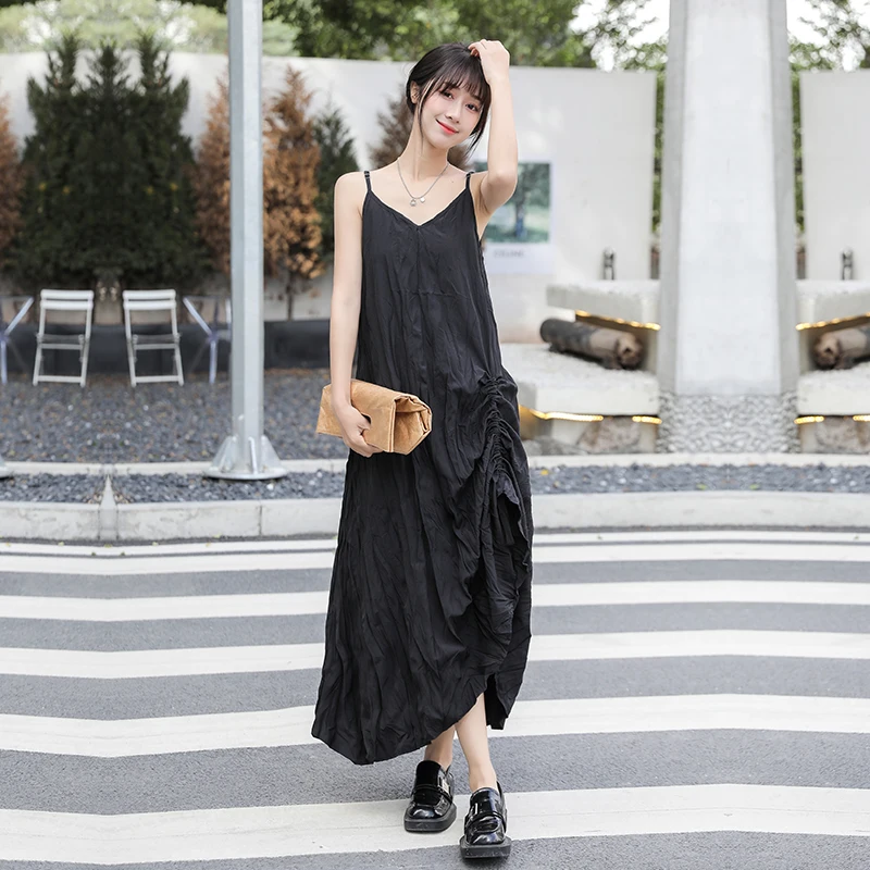 

Womens Long Dress Loose Pleated Irregular Dress Sexy Sleeveless Sling Woman Maxi Dresses