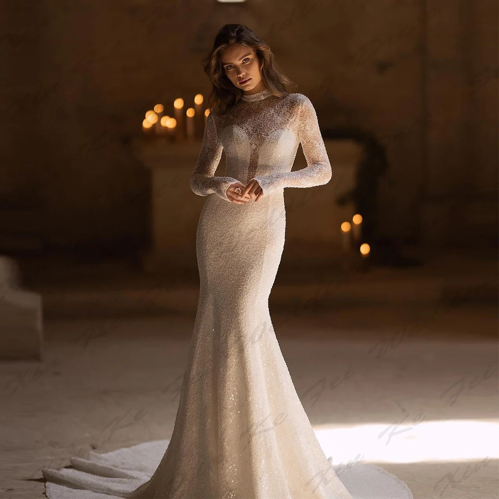 Romantic Wedding Dresses Mermaid Exquisite Lace Appliques Pretty High Necked Long Sleeved Princess Style Mopping Bride Gowns