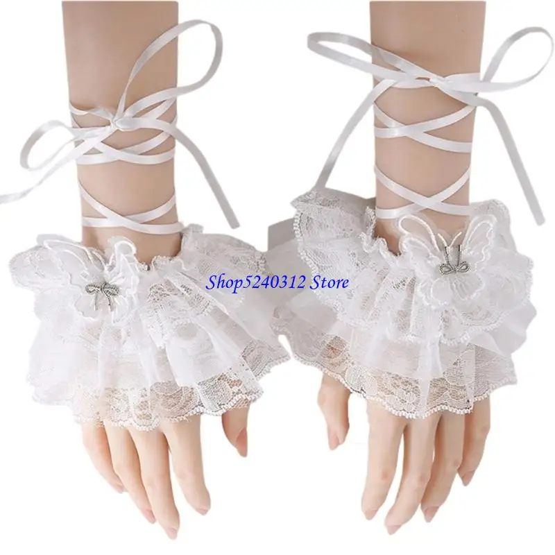 634C Guanti senza da donna Lolitas Strato con volant in pizzo maniche per bracciali per matrimoni danze da sposa Party