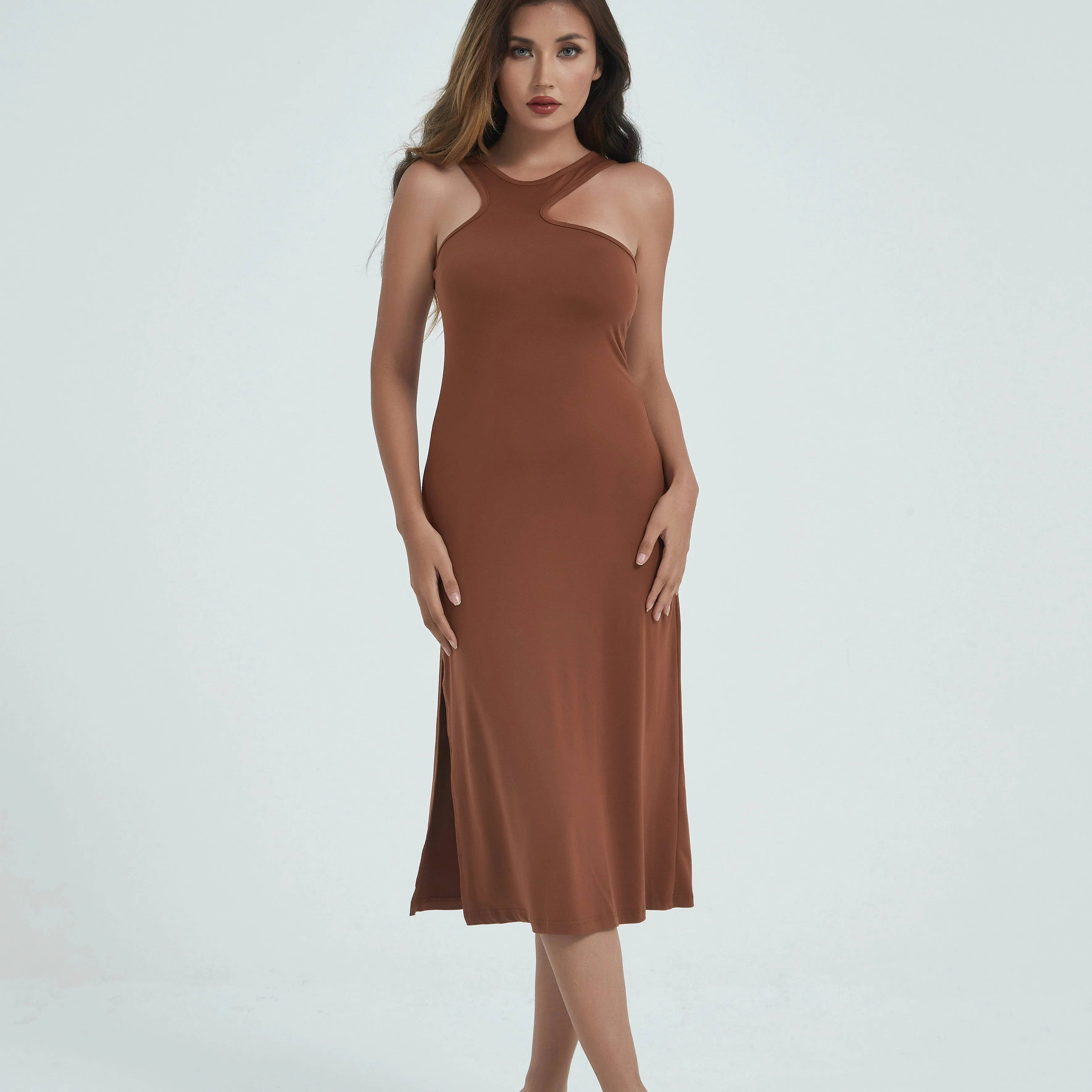 Spaghetti Strap Dresses for Women Summer Sexy Sleeveless Camisole Mid-Calf Dress Solid Color Bodycon Dress Sheath Dress