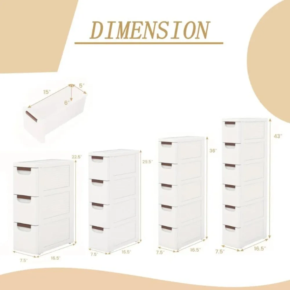 Gabinete de almacenamiento estrecho de 5 niveles con cajones delgados para baño y sala de estar, organizador de plástico con ruedas
