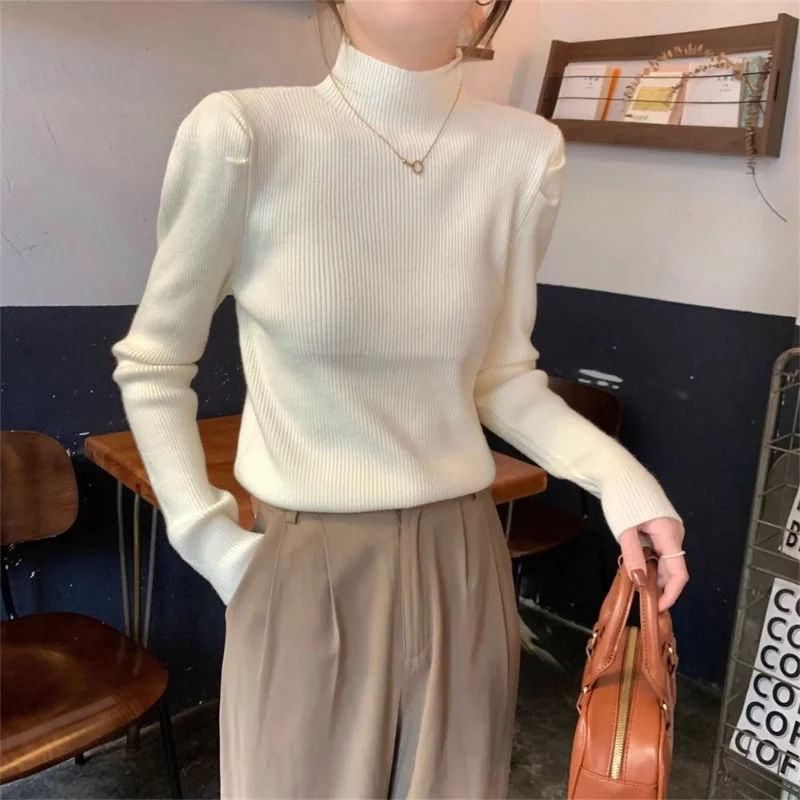 

New Autumn Winter Half-turtleneck Fashionable Knitted Women Puff Sleeve Sweater Base Top T