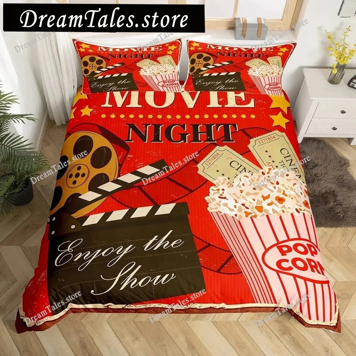 

Комплект постельного белья «Кинотеатр»: пододеяльник, покрывало и наволочки с дизайном кинобилетов и кинопленок, декор для спальни, полный размер 741