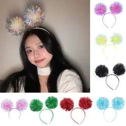Trendy Bling Pom Pom Headband Cute Giltering Tinsel Headband Colorful Pompom Ball Headband Women Girls Pink