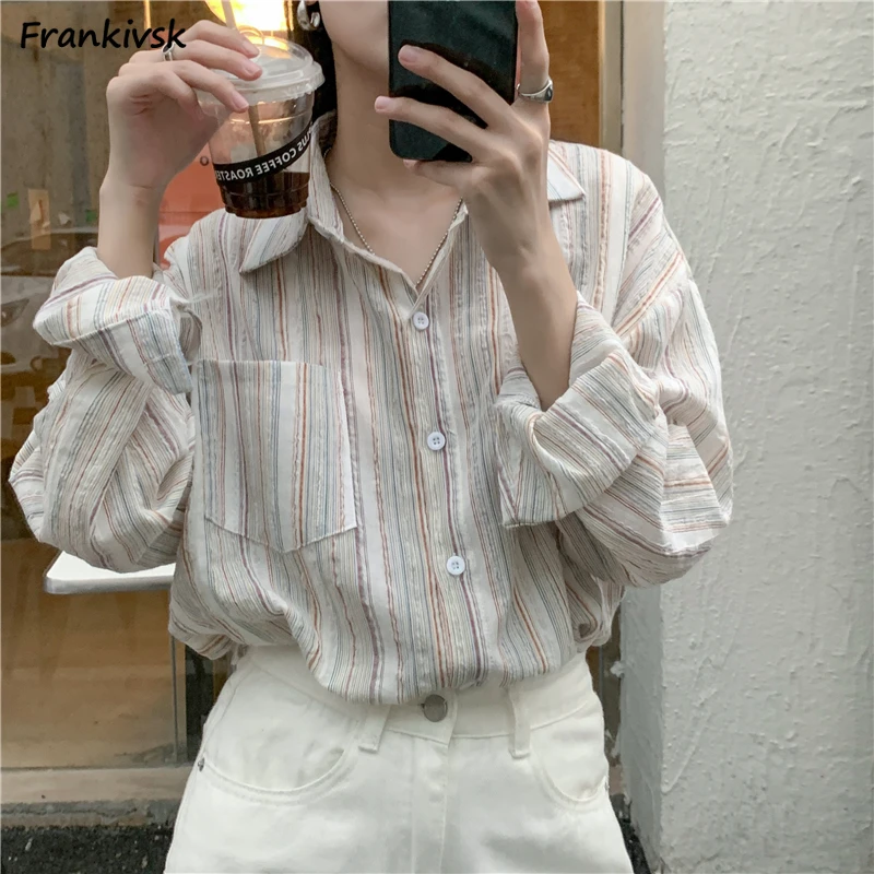 Striped Shirts Women Sun-proof Loose Long Sleeve French Style Vintage Elegant Advanced Ladies Tops Streetwear Aesthetic Autumn