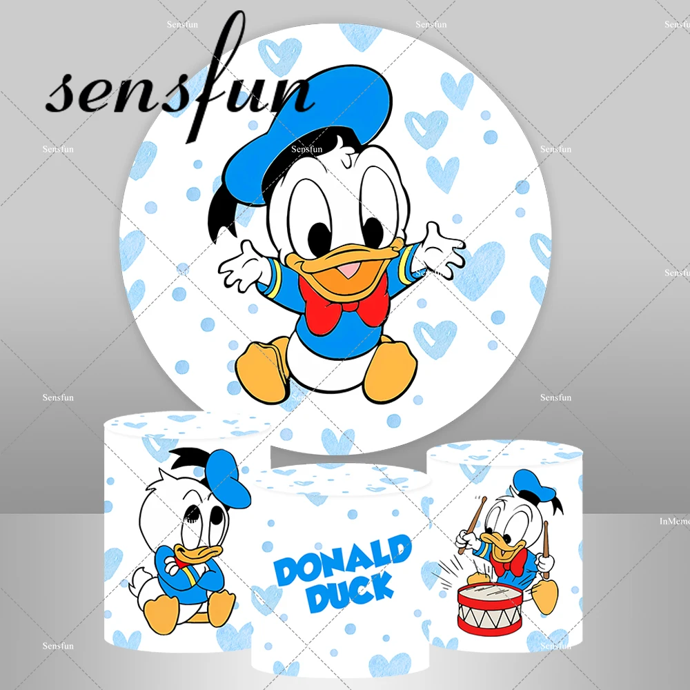 Cute Baby Donald Duck Round Backdrop Cover for Boys Baby Shower 1st Birthday Party Decor Kids Cartoon Rectangle Backgrounds