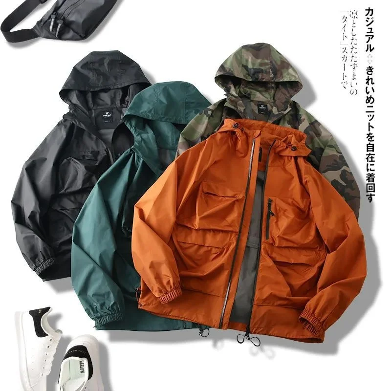 

Spring Summer Outdoor Multi Pocket Hooded Charge Coat Men Women's Couple Work Jacket Trekking Camping Fishing Stormsuit