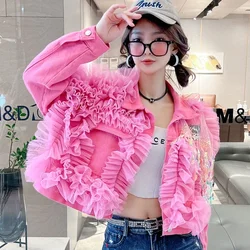 Harajuku Women Pink Beaded Denim Bomber Jacket Mesh Spliced Sequined Tassels Coat Gauze Pleated Jeans Cardigan Outwear Crop Tops