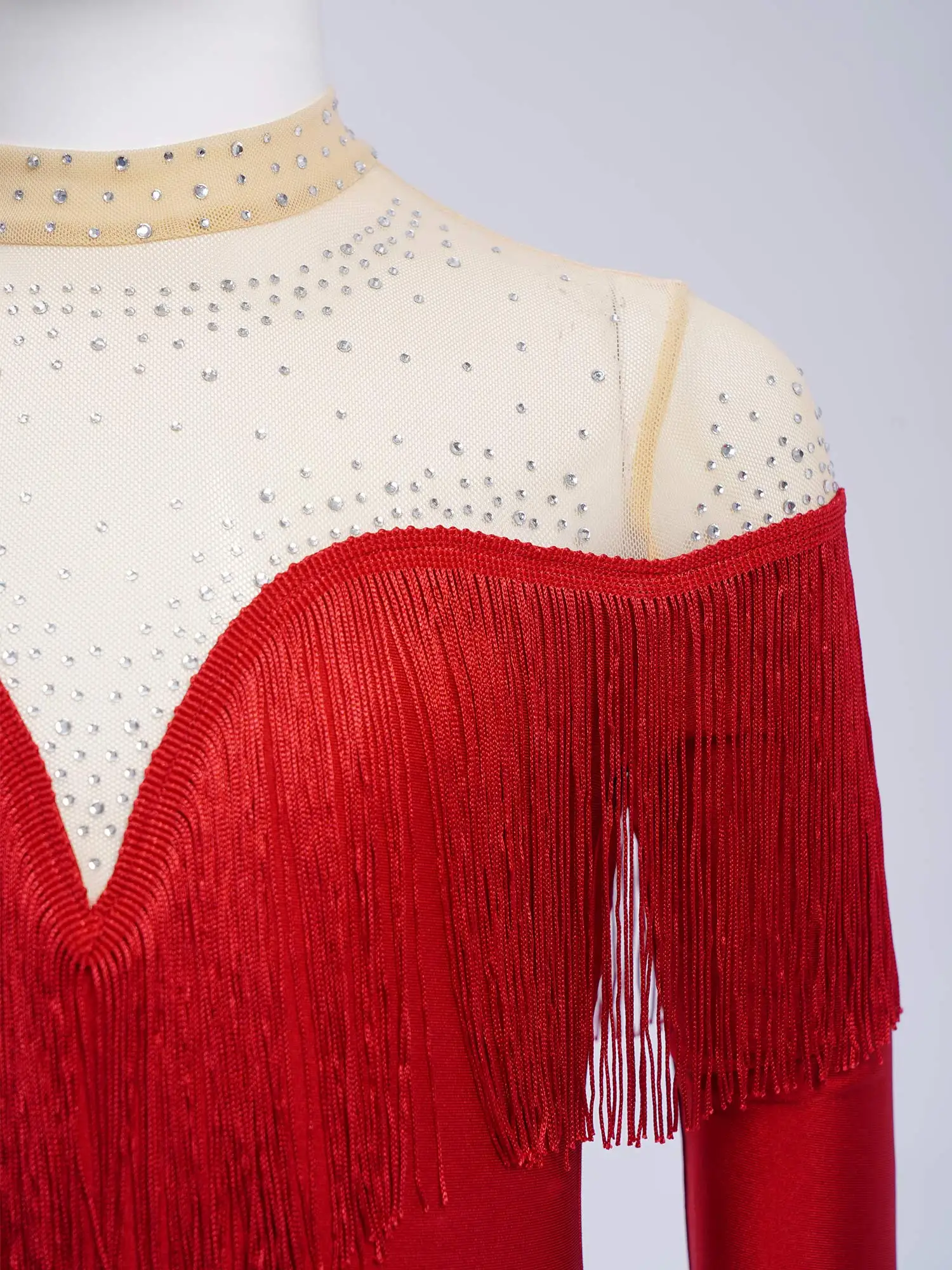 Mädchen-Trikot für lateinamerikanischen Tanz mit Fransen, glänzende Strasssteine, langärmelig, Quasten-Body für Ballsaal, Eiskunstlauf, Tango, Cha-Cha, Samba