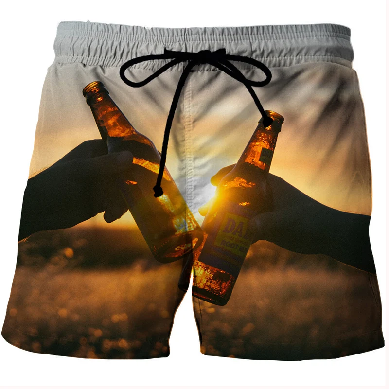 Calção de banho seco rápido masculino, calção de praia, cintura elástica, estampas gráficas, estampa de cerveja, troncos, conforto, verão