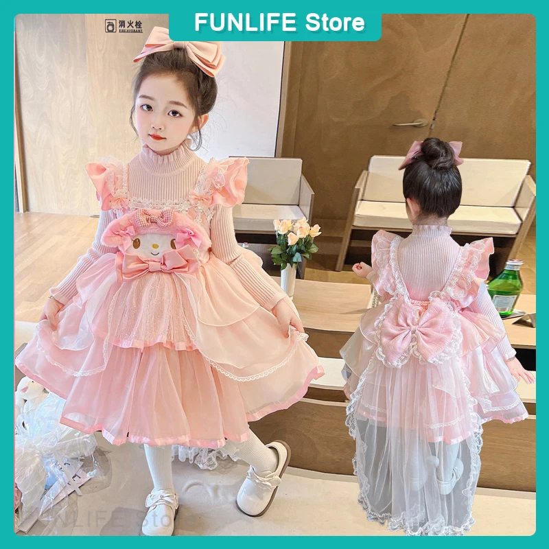 Cartoon My Melody Princess Dress Girls Fluffy Gauze Skirt Baby Girl Lolita Dress Suspender With Trailing Kids Birthday Gifts