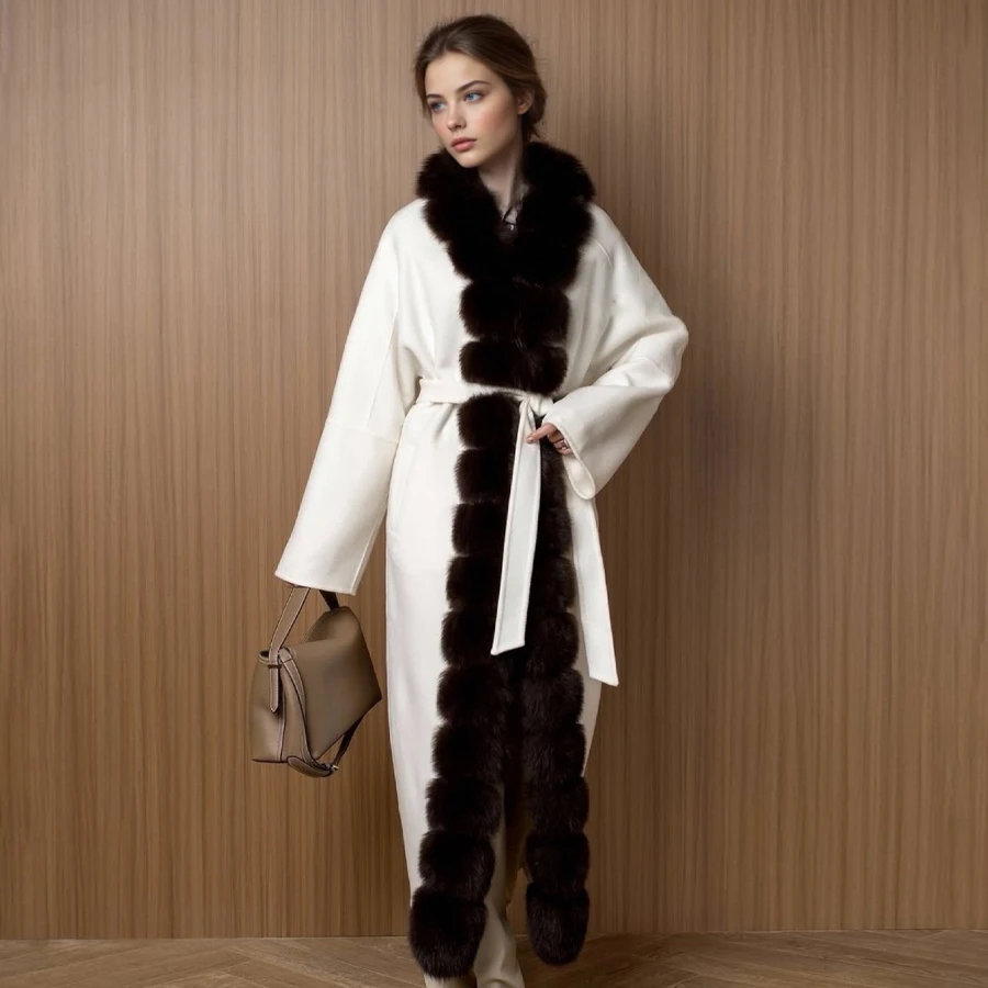 Casacos de pele de lã para mulheres casaco de caxemira real com gola de pele de raposa longo misturas de lã casaco de luxo nova jaqueta de pele real