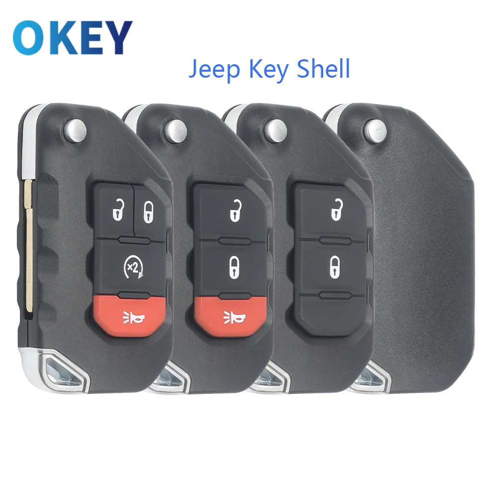 Okey Car Key Shell Replacement For Jeep Gladiator Wrangler 2018-2021 Folding Housing 2/3/4 Buttons Flip Key Shell