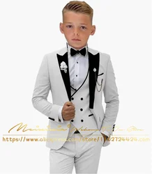 Trajes blancos para niños, esmoquin de boda con flores, chaqueta Formal, chaleco, pantalones, conjunto de 3 piezas, tallas personalizadas 2-16, ropa para niños