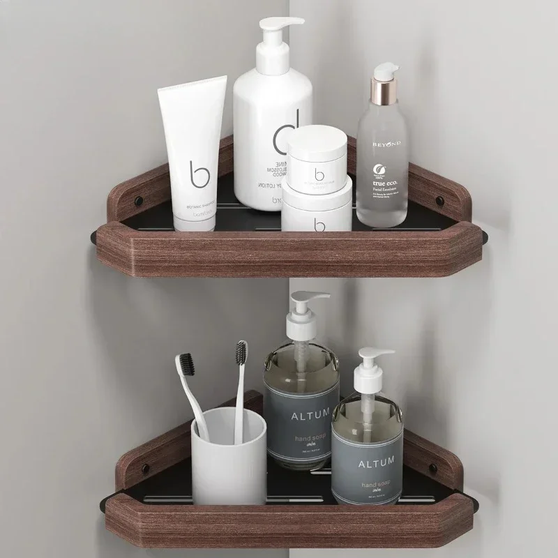 Bathroom Corner Shelf – Walnut Basket, Punch-Free Holder, Moisture-Proof Corner Rack, Fan-Shaped Storage  , Bathroom Organizer