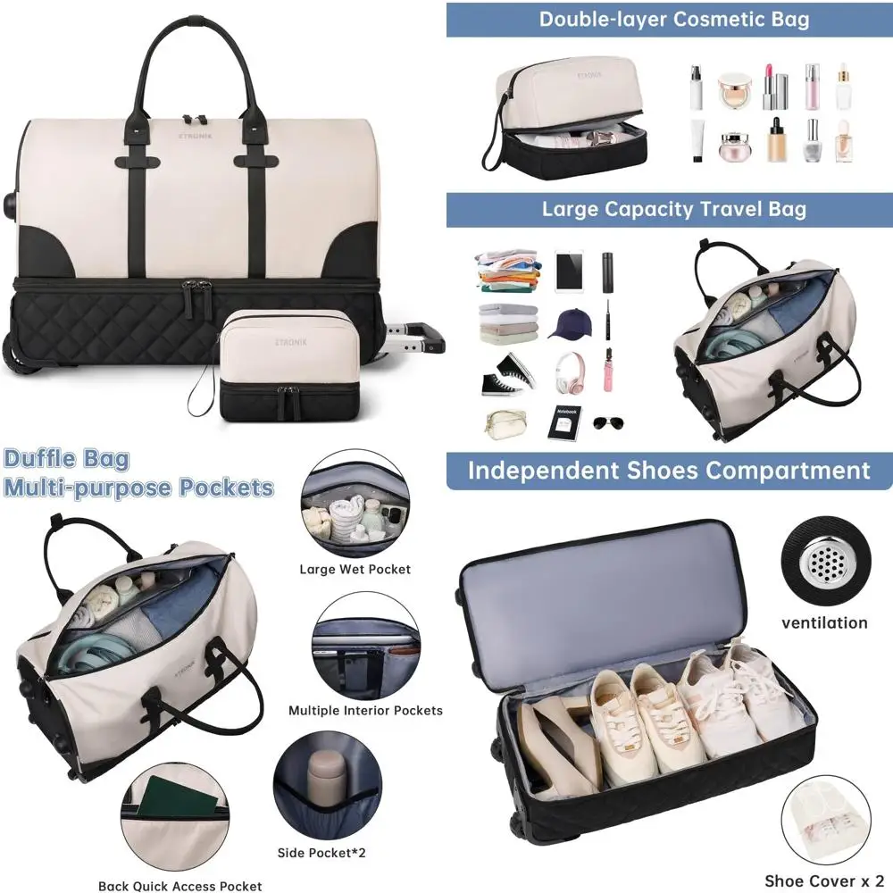 

23 Inch Large Rolling Duffle Bag for Women, Shoe Compartment, Travel Luggage with Wheels, Carry-On Size, Durable Tote for Journe