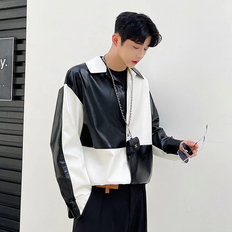 Black Men And White Checkerboard Pattern Color Block Patchwork PU Leather Long Sleeve Shirt 2022 Autumn Ins Streetwear 2177