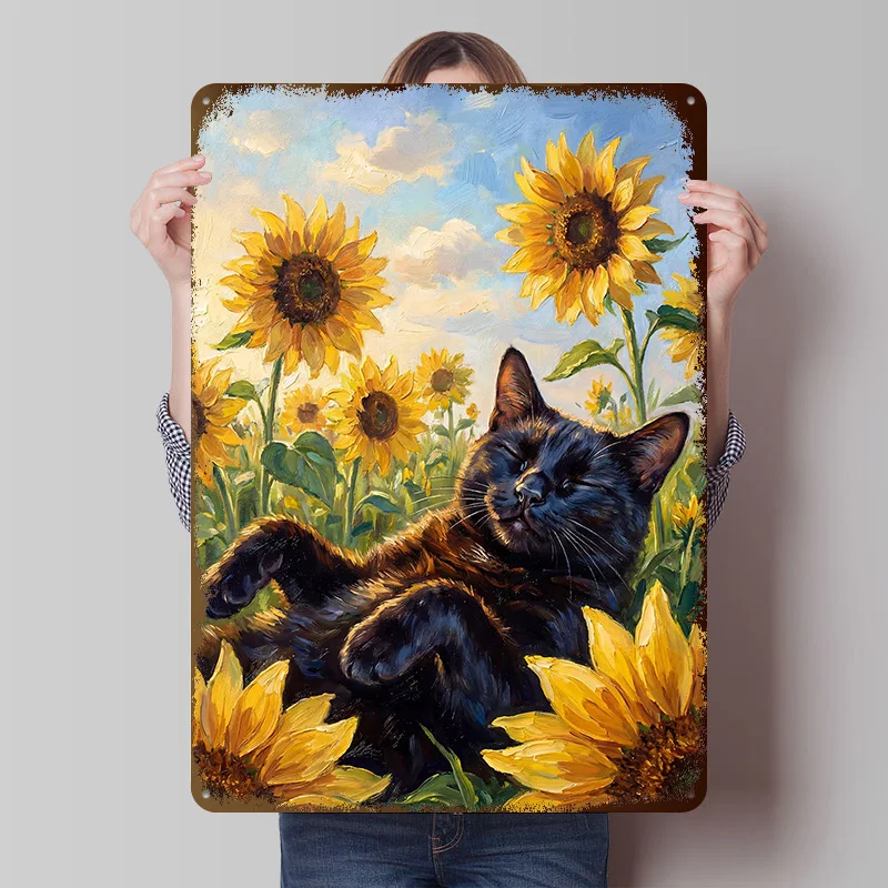 Schwarze Katze in Sonnenblumen Metallposter Individuelle Wandkunst Retro Vintage Blechschilder für Wohnzimmerdekoration Wohndekor-Artikel