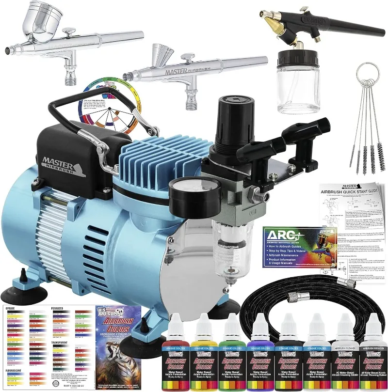 

Master Airbrush Dual Fan Air Compressor Airbrushing System Kit with 3 Airbrushes, Gravity and Siphon Feed,6 Colors Acrylic Paint