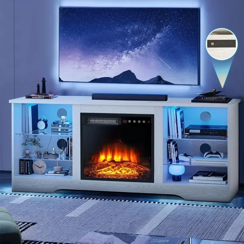 

Modern 58 Inch Wooden Entertainment Console Electric Fireplace TV Stand Remote Control for 65 Inch TVs with Shelf