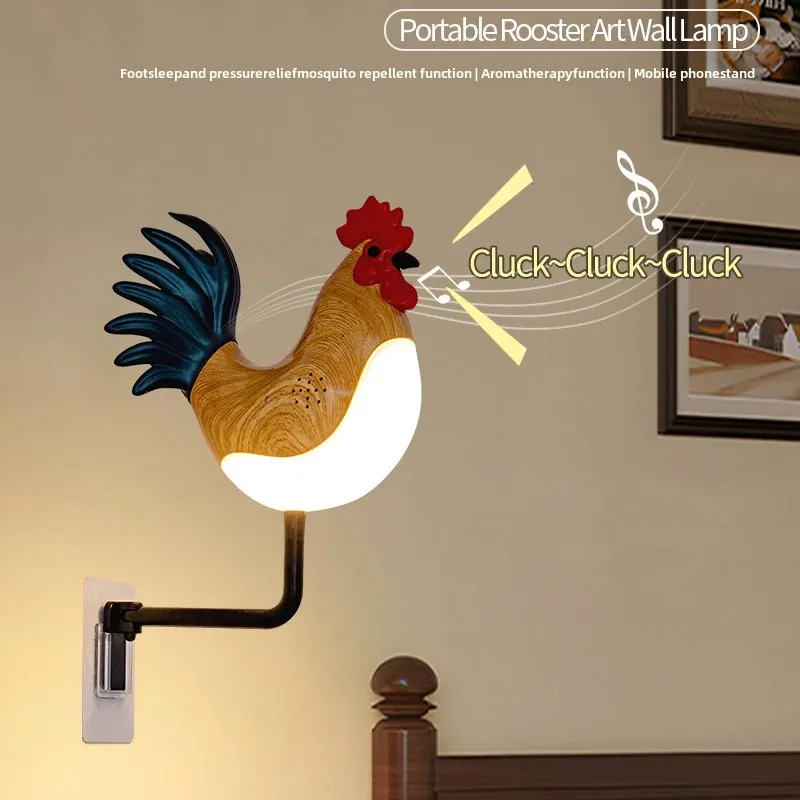 LED Rooster Wall Lamp with Sound Touch Switch Rechargeable Bedroom Bedside Lamp Dimmable Night Light Ambient Aromatherapy Lights