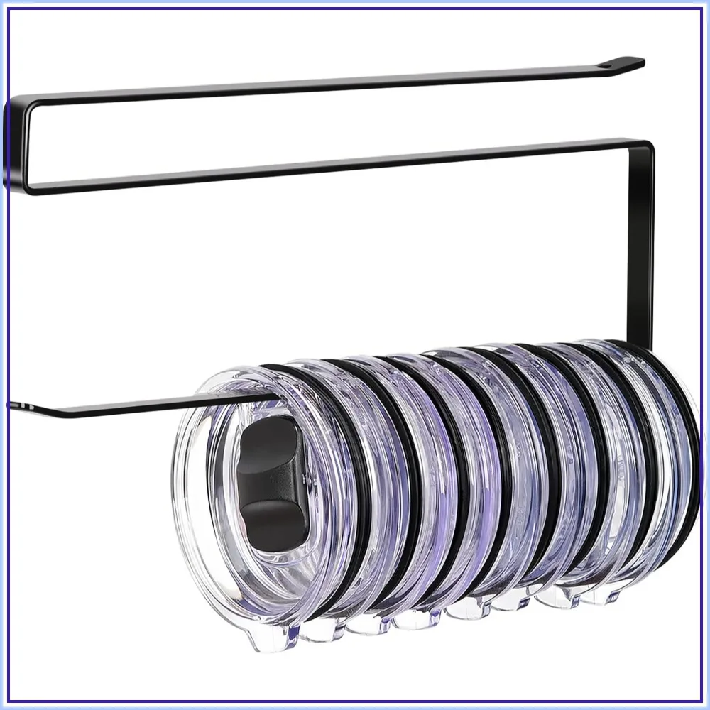 

Horizontal Tumbler Lid Organizer Holds Up to 10 Lids, Under Cabinet Space Saving Cup Lid Storage Hook for Kitchen