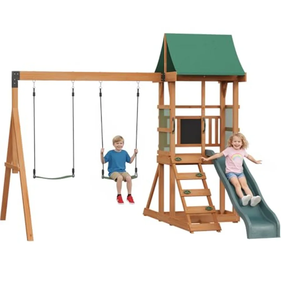 

Wooden Swing Sets for Backyard - Playground Sets for Backyards Outdoor Playset with 6 FT Wave Slide Play Deck Rock Wall Ladder