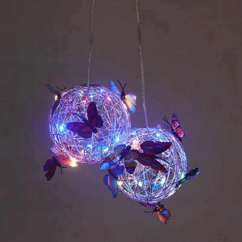 SEWS-Garden Hanging Round Ball Light With Butterfly With Weaving Lamp Solar Decorative Nightlight Outdoor Decorative Metal