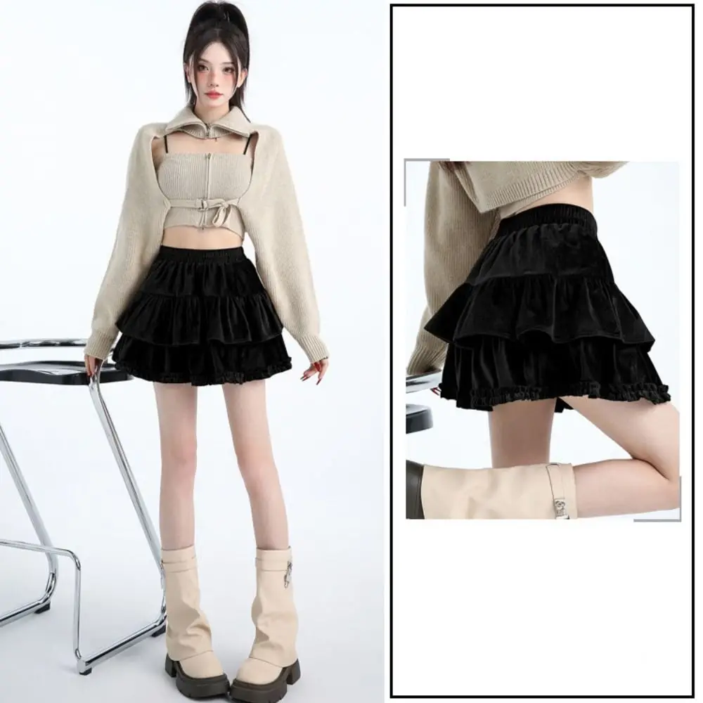 Kawaii Velvet Shorts Mini Skirt Elastic Short High Waist Skirt Harajuku Tiered Pleated Mini Skirts Spring Autumn