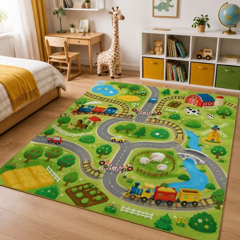 VIKAMA Kids Farm Zoo Play Rug Bedroom Living Room Carpet,Animal Town Cutecore Room Decor Children Mat Home Decor Home Garden