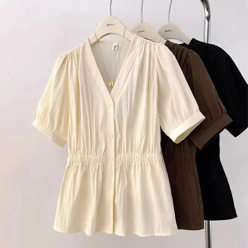 

Women's Spring And Summer New V-Neck Blouse Short-Sleeved Shirt Waist Covered Belly Loose Button Blouse Comfortable Casual Shirt