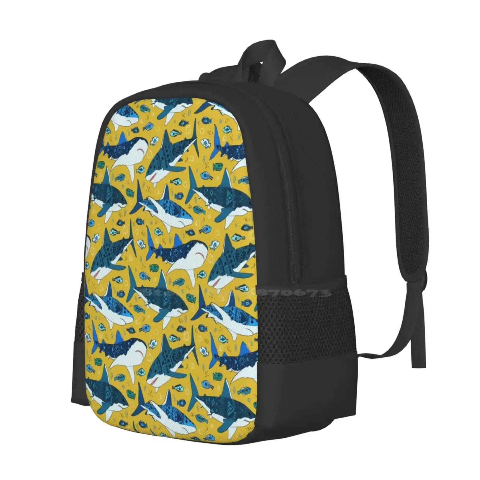 Sharks On Mustard Fashion Pattern Design Travel Laptop School Backpack Bag Shark Animals Ocean Seas Pattern Hand Drawn Hand