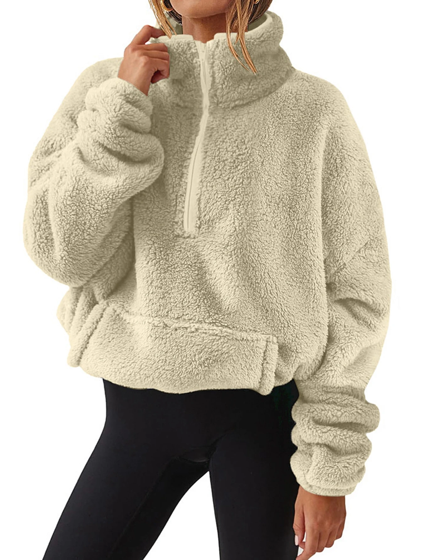 Women's Autumn Winter Hoodie Simple Chic Zipper Kangaroo Pocket Long Sleeve Stand Collar Casual Pullover for Fashionable Women