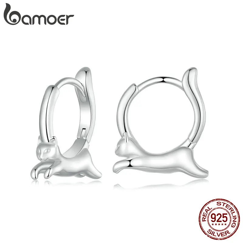 

Женские серьги-кольца BAMOER Cat, серебряные серьги-кольца с 925 пробы и животными, ювелирные изделия для чувствительных ушей
