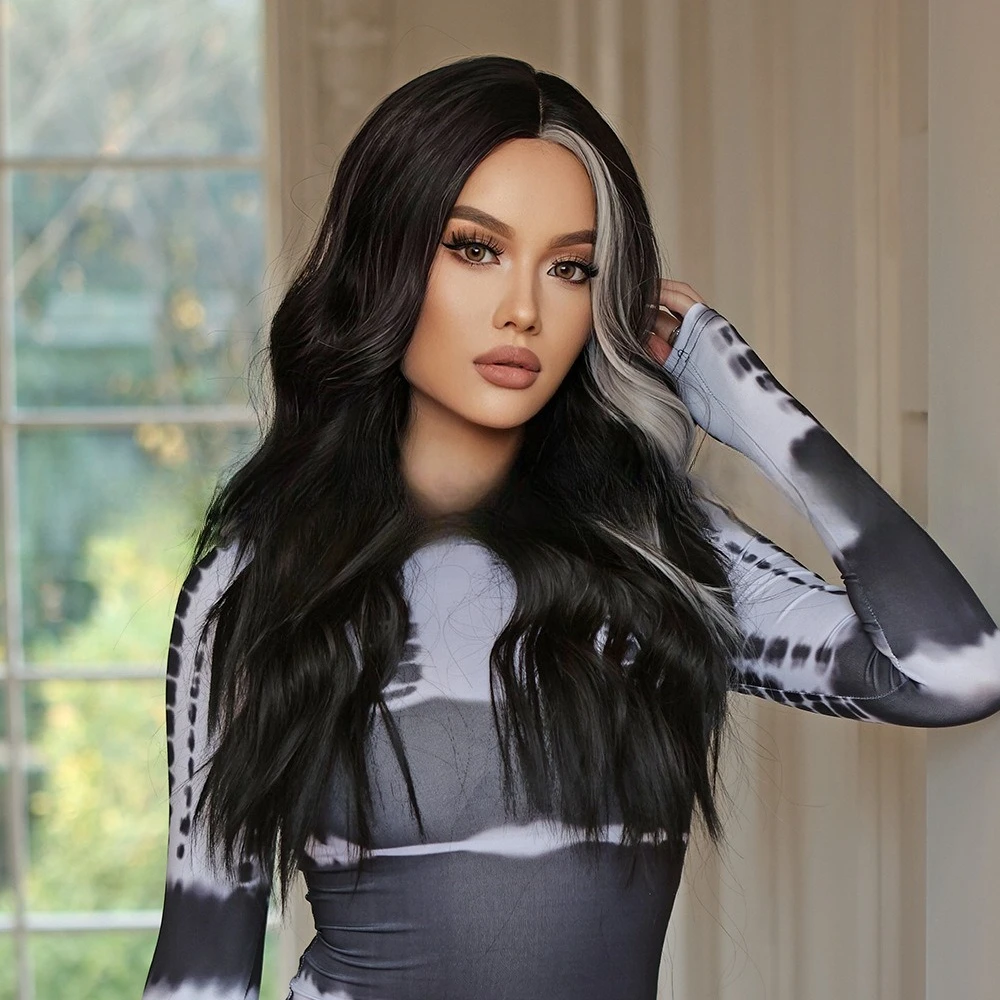 شعر مستعار جديد أسود، رمادي متوسط الطول، شعر مجعد، تموج الماء، شعر مستعار نسائي يومي