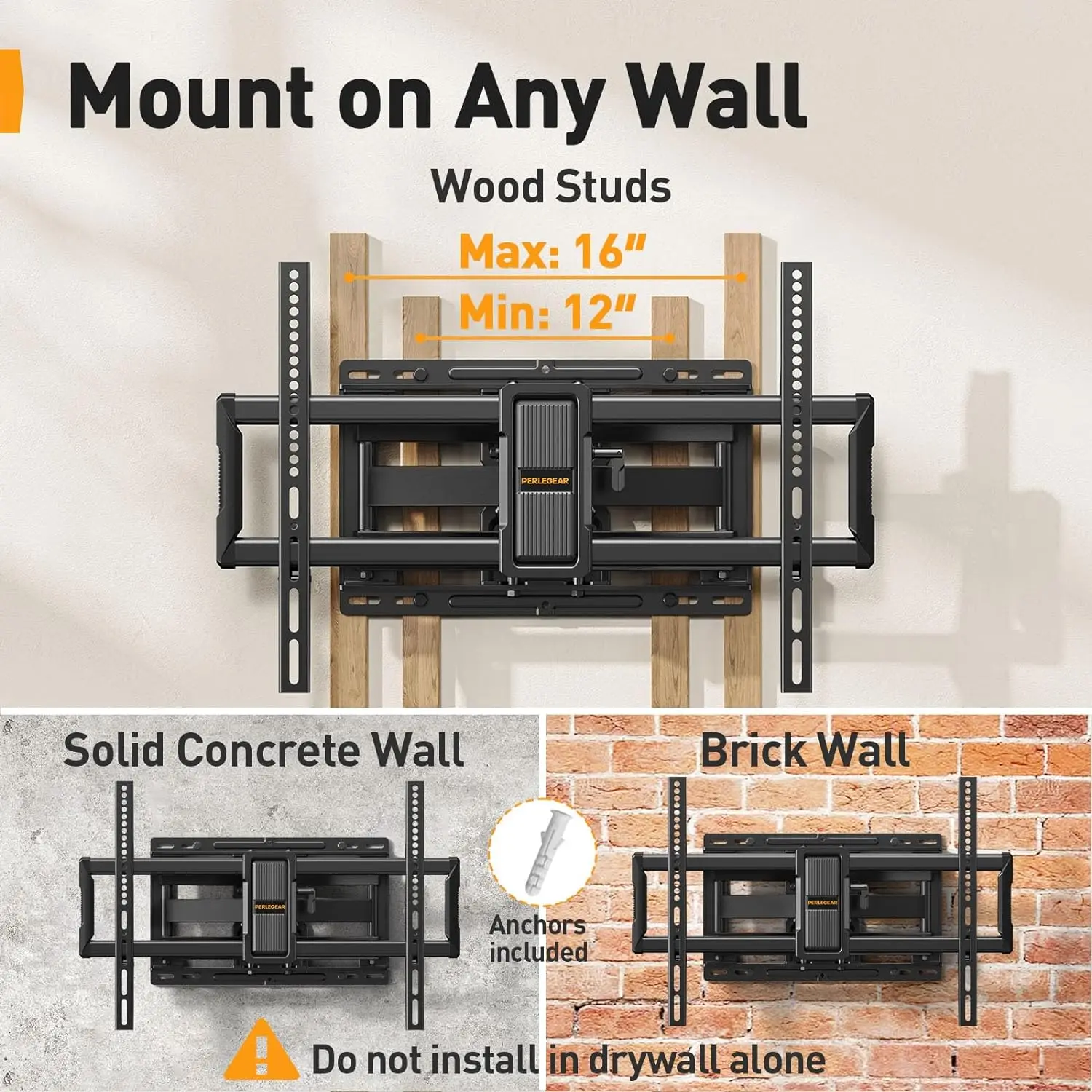 Perlegear Ul-Listed Full Motion Tv-Muurbevestiging Voor 40-86 Inch Platte Gebogen Tv 'S Tot 132 Lbs, 12 ″/16 ″ Houten Noppen, Tv-Beugel