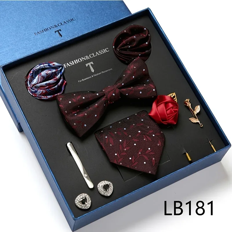 1 Set Of Men\'s Striped Tie, Tie Clip, Bow Tie, Pocket Handkerchief, Brooch And Cufflinks Set, Gift Box For Men